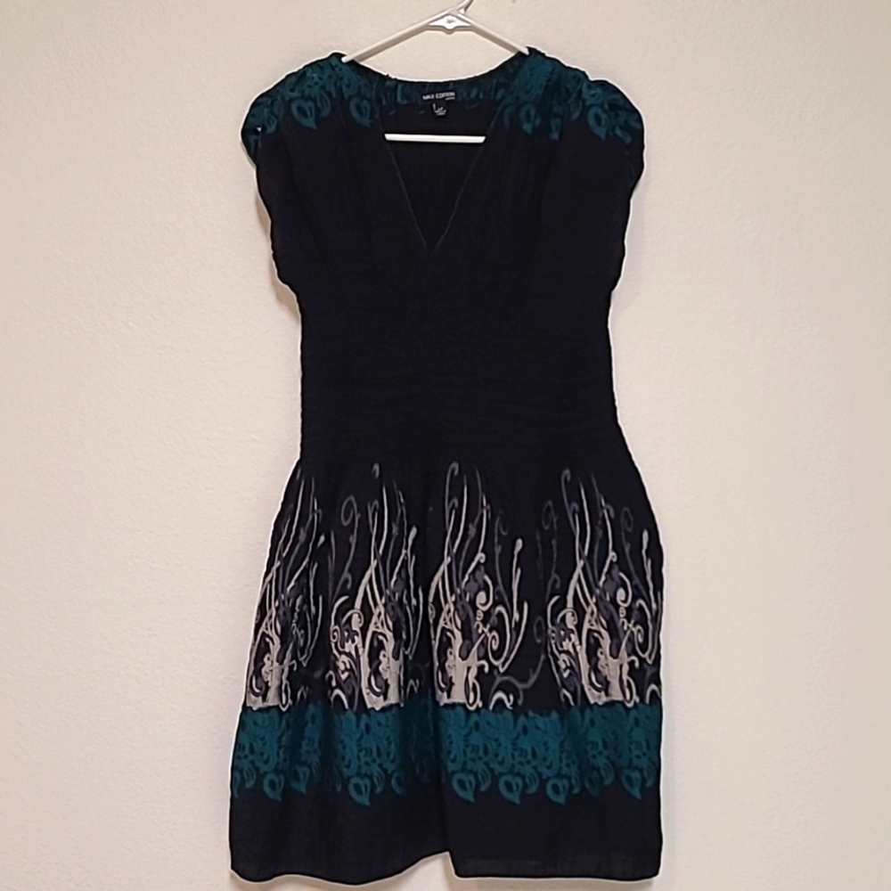 Max Edition Petite, LP, Black White and Turquoise Embroidered Dress